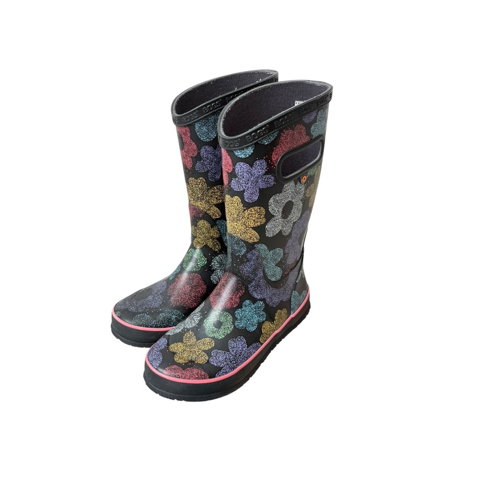 Bogs Rainboot Airbrush Youth 3 Multi Color  Flower Waterproof Muck Boots Black